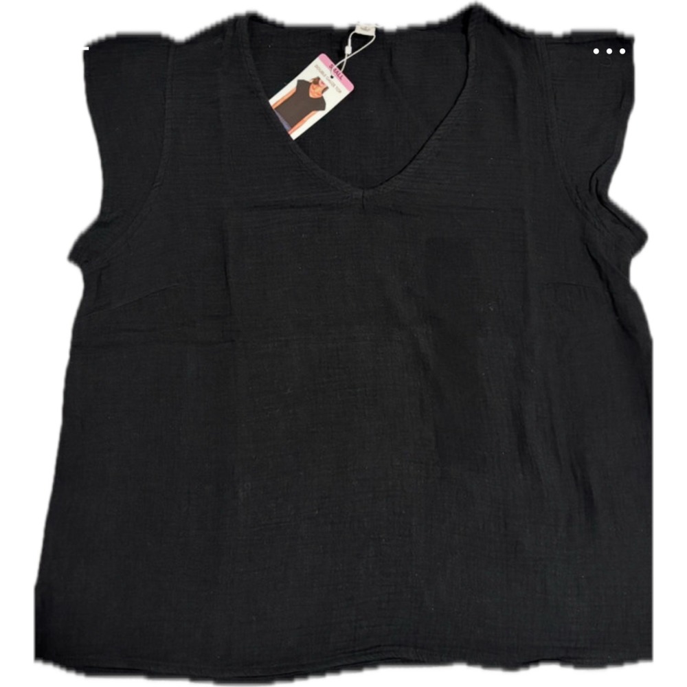 Three Dots Double Gauze Top Women Small Black NEW Flutter Sleeve V-Neck Cotton